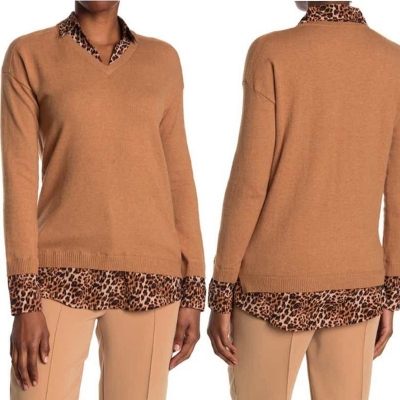 NWT‎ ADRIANNA PAPELL Twofer V-Neck Sweater Camel with Cheetah Print SizeSmall - Picture 1 of 5